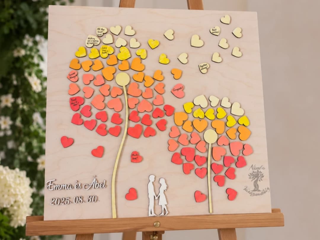 Wedding Guest Book with Dandelion, Heart Shaped Leaves and Couple Silhouette