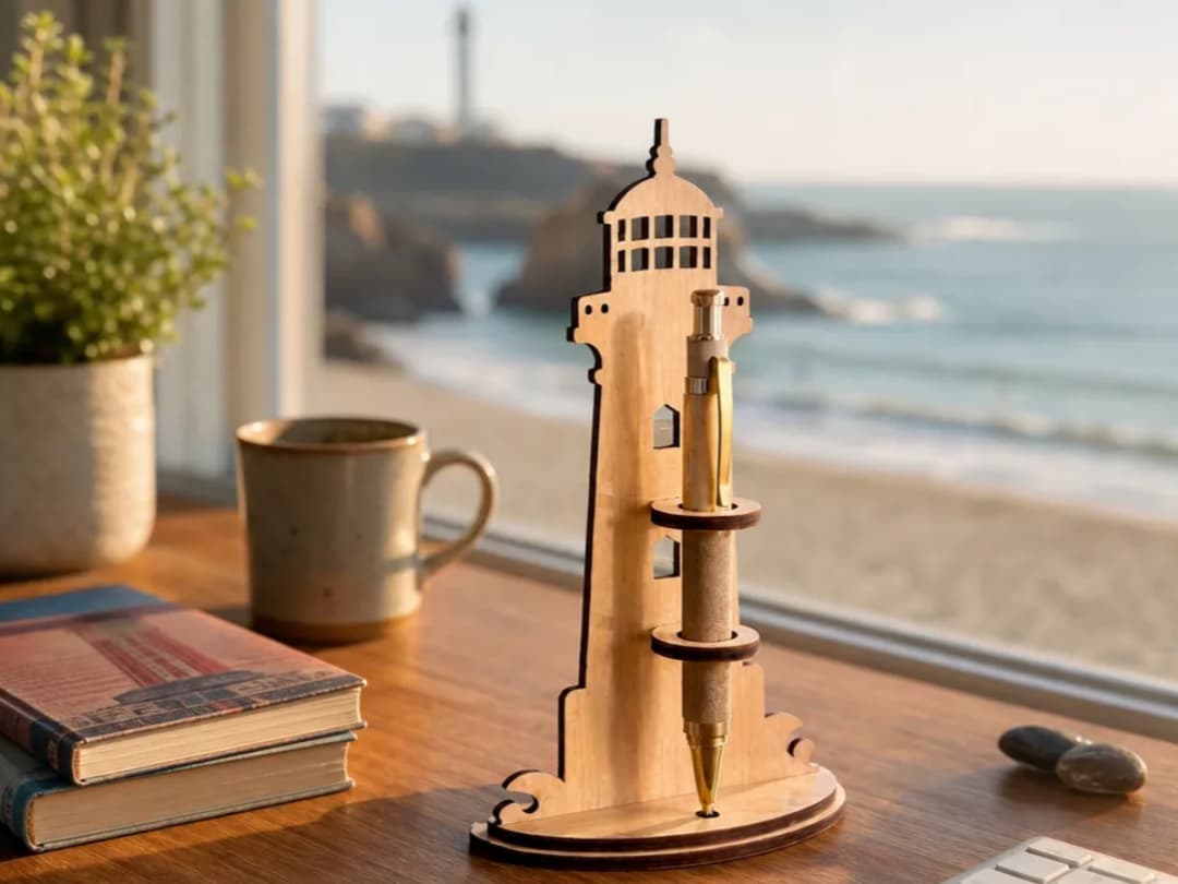 Wooden Pen Holder in the Shape of a Lighthouse