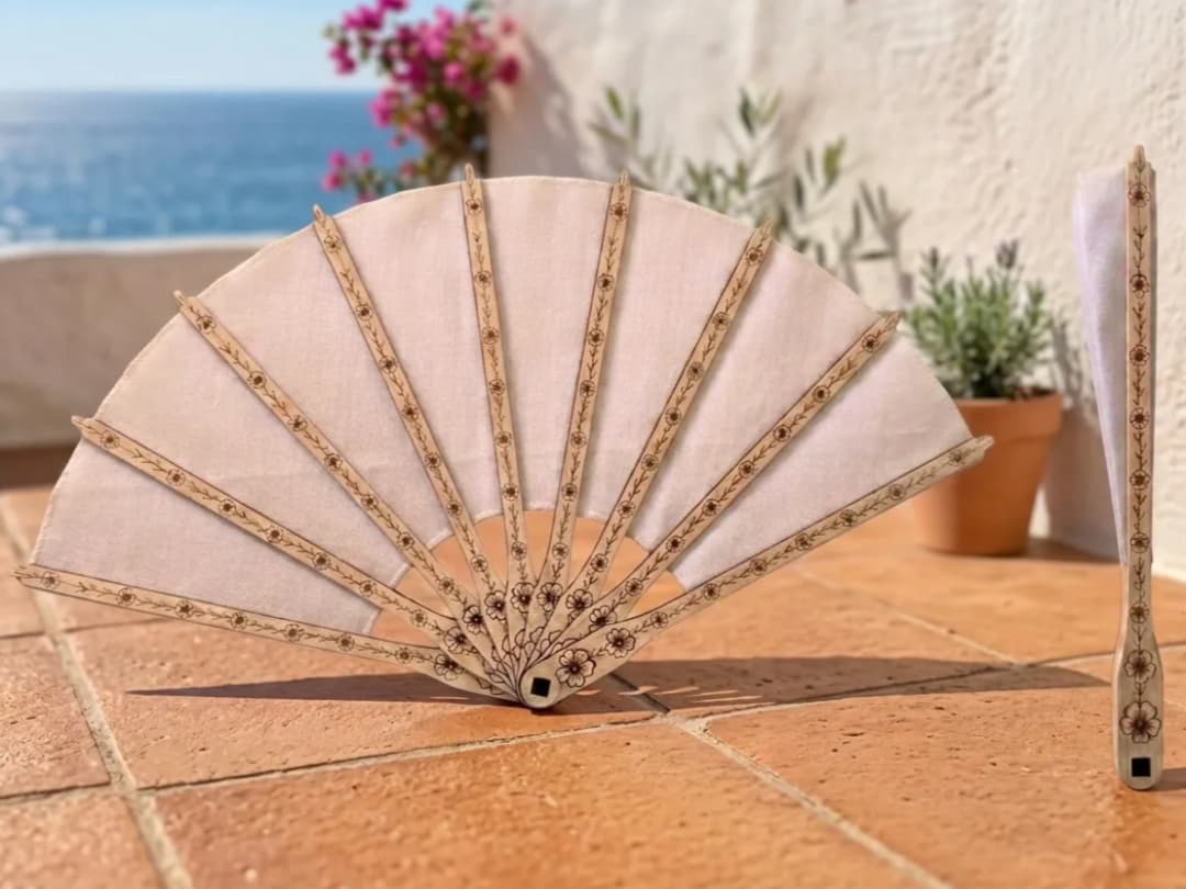 Foldable Wooden Fan with Floral Pattern