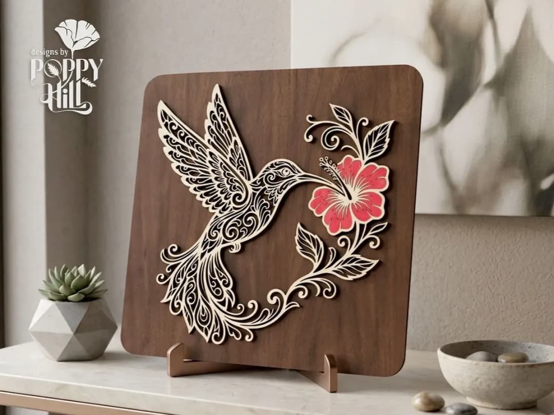 Hummingbird and Hibiscus Flower Layered Wooden Art