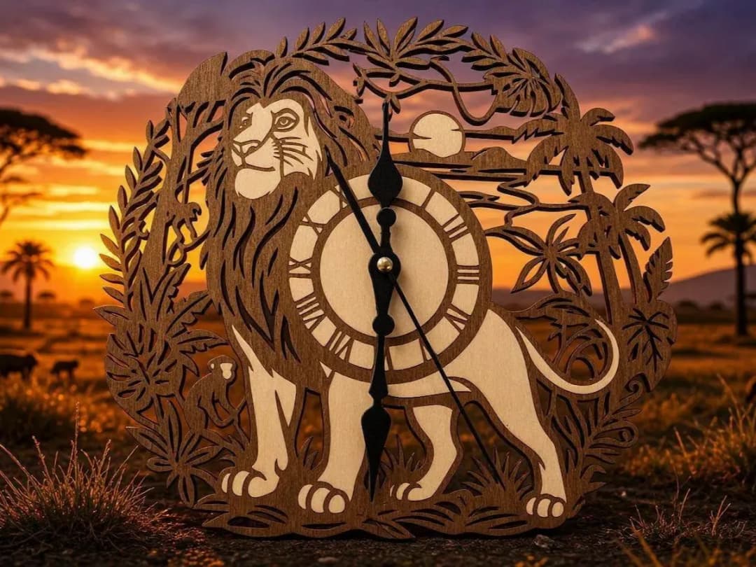 Round Wooden Wall Clock with Lion Motif Round Wooden Wall Clock with Lion Motif