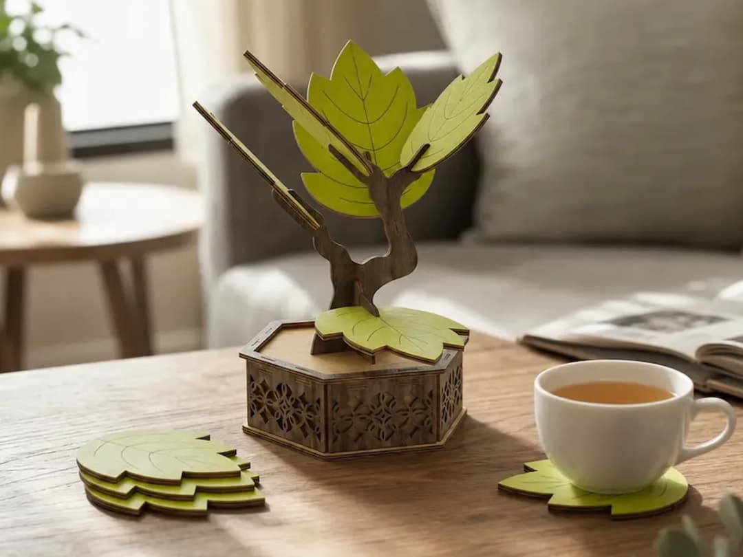 Leaf Shaped Coaster Set with Tree Storage Holder