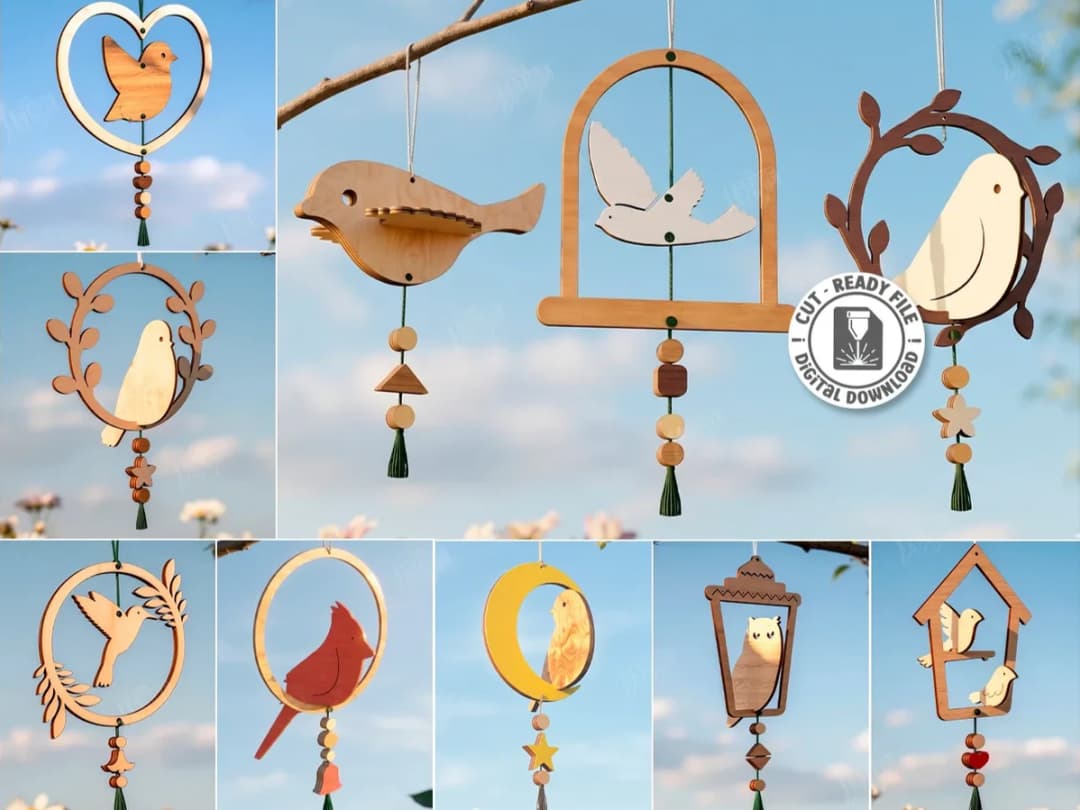 Hanging Wooden Bird Ornaments with Tassels and Beads Laser Cut
