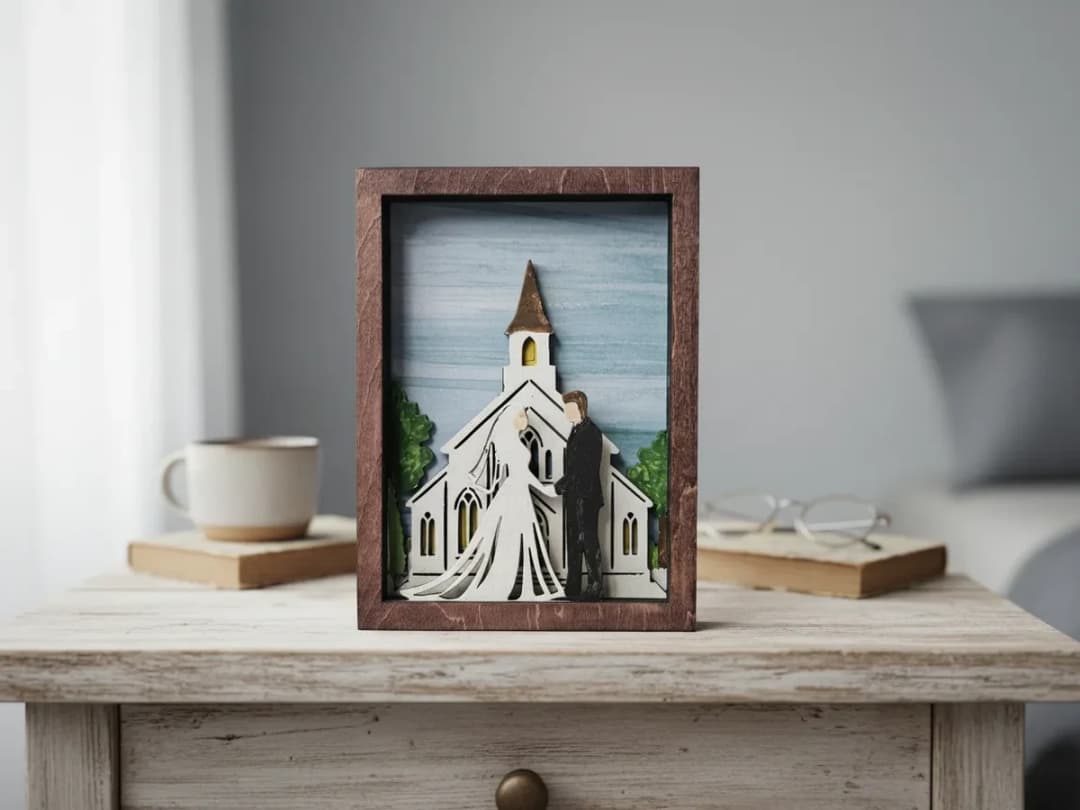 Layered Wood Shadow Box Featuring a Bride and Groom at a Church