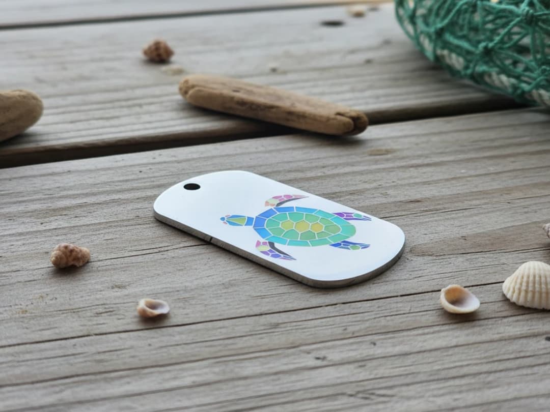 Colorful Geometric Sea Turtle on a Metal Dog Tag
