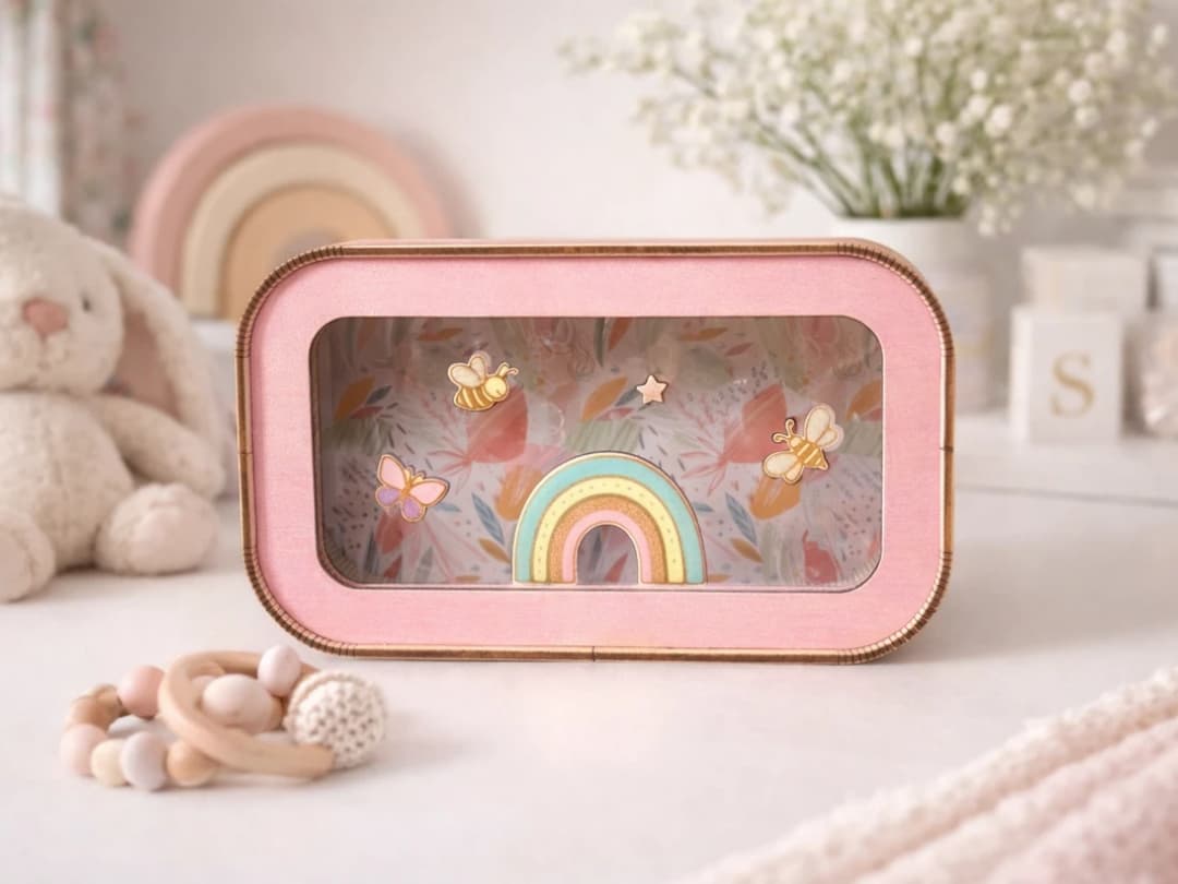 Laser Engraved Wooden Piggy Bank with Rainbow and Butterflies Décor