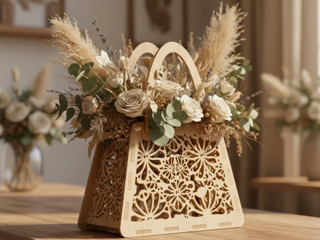 3D Wooden Flower Basket Laser Cut