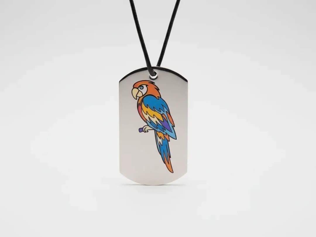 Parrot Engraved in Color on 304 Steel Military Pendant