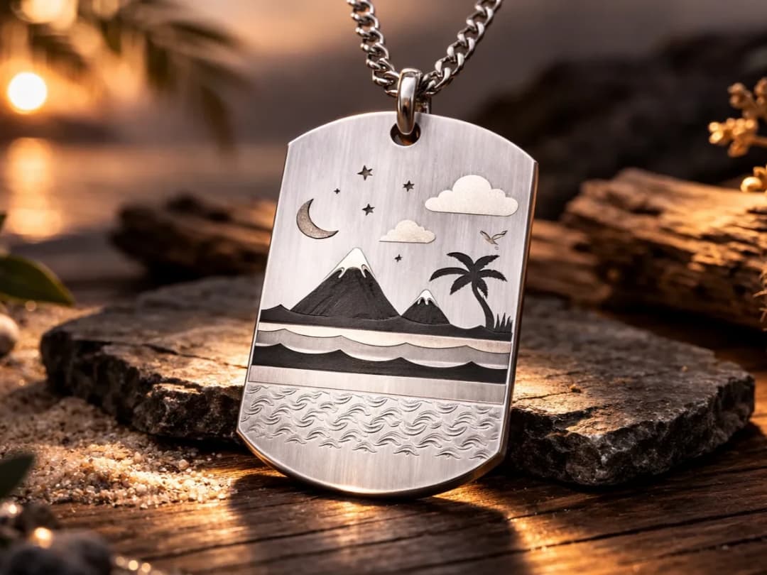 Engraved Stainless Steel Mountain and Palm Tree Pendant Necklace