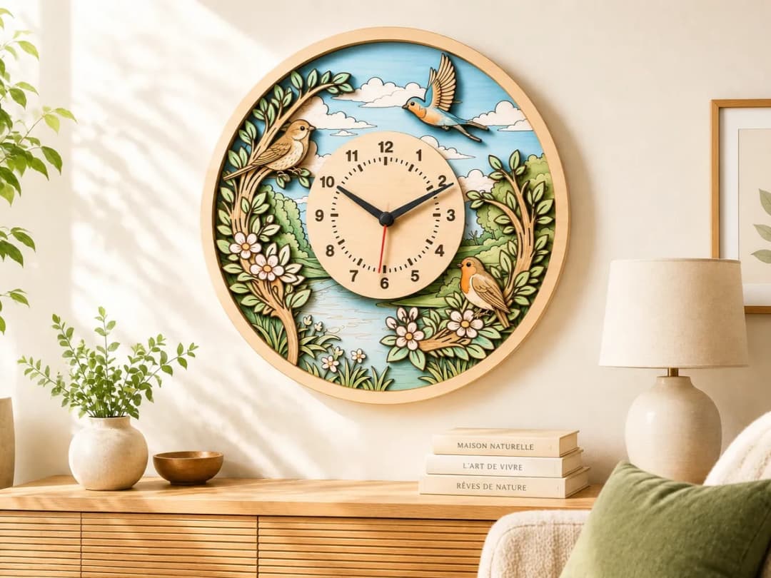 Round Wall Clock with Forest Landscape and Colorful Birds