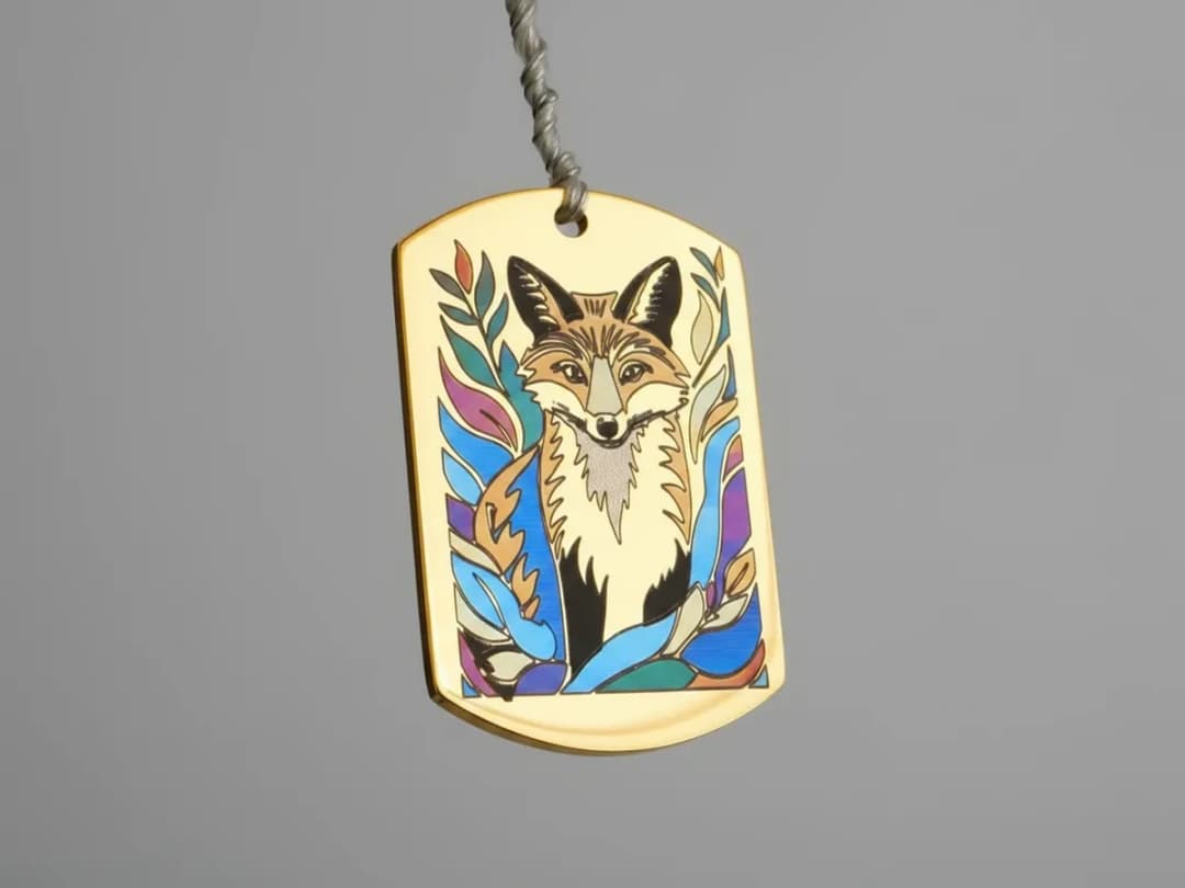 Rectangular Gold Steel Pendant with Fox Illustration