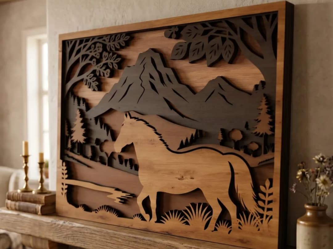 Layered Wall Art Featuring Horse in Mountain