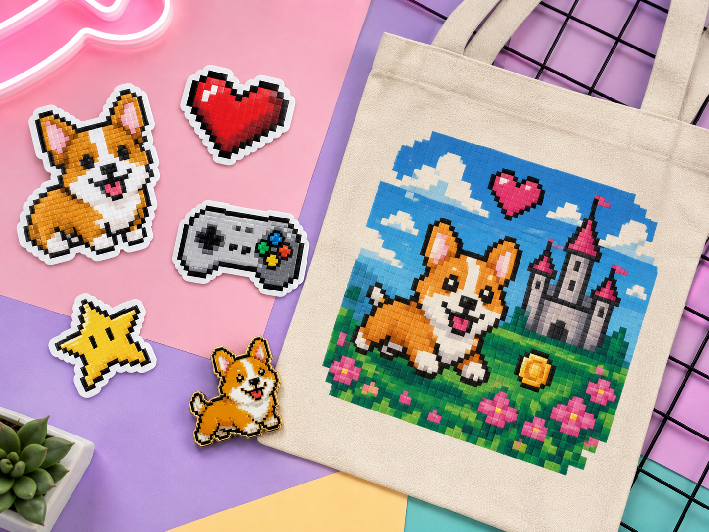 Pixel-art merch flatlay Pixel-art merch flatlay