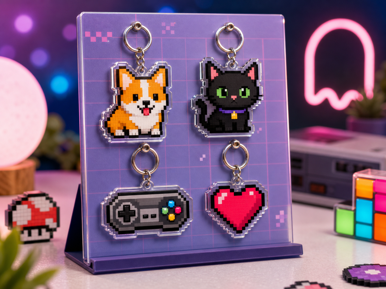 Custom pixel-art acrylic keychains & charms Custom pixel-art acrylic keychains & charms