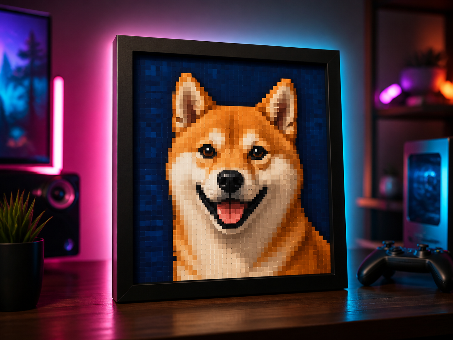 Custom pixel-art pet portrait, neon-backlit frame Custom pixel-art pet portrait, neon-backlit frame