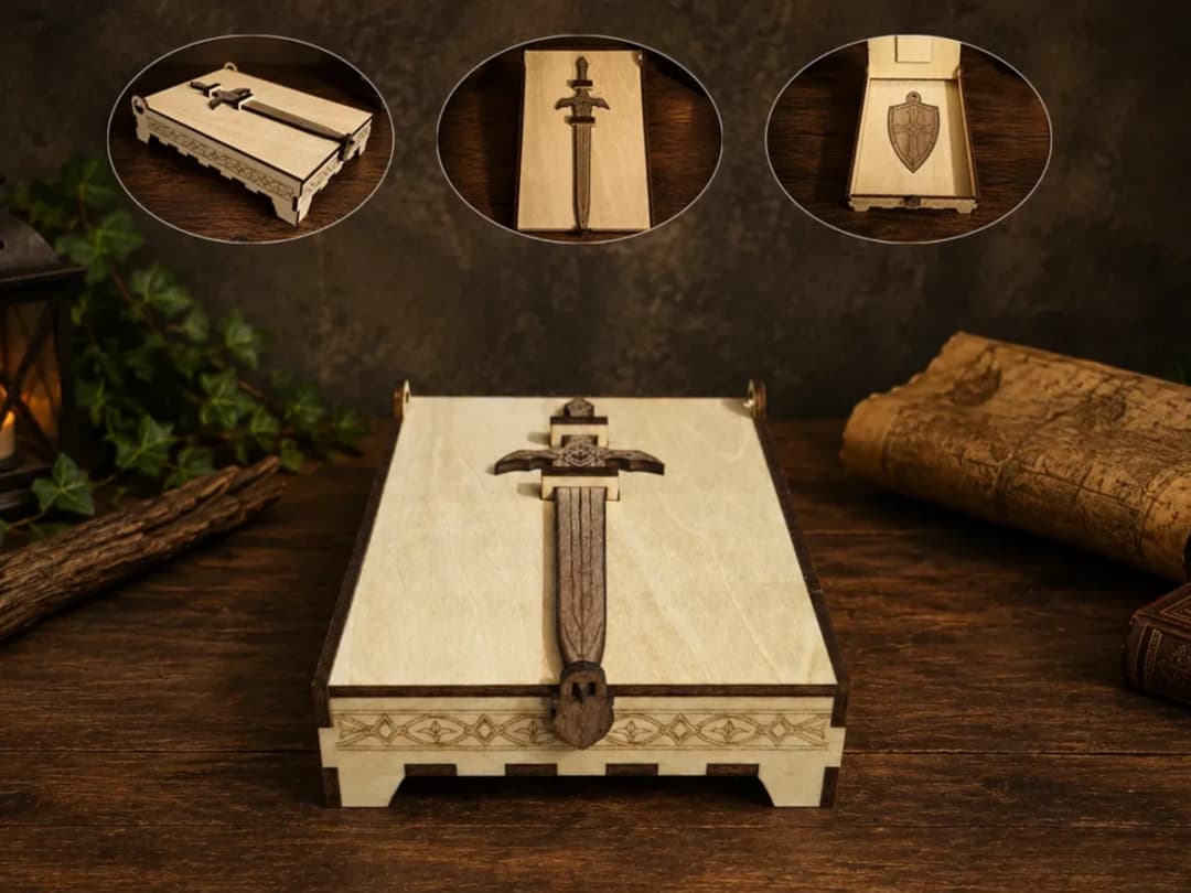 Wooden Box with Medieval Sword and Shield