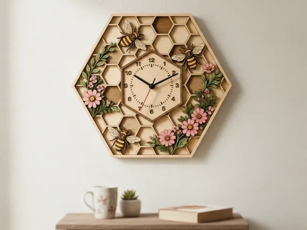Wooden Hexagonal Wall Clock with Bees and Flowers Pattern