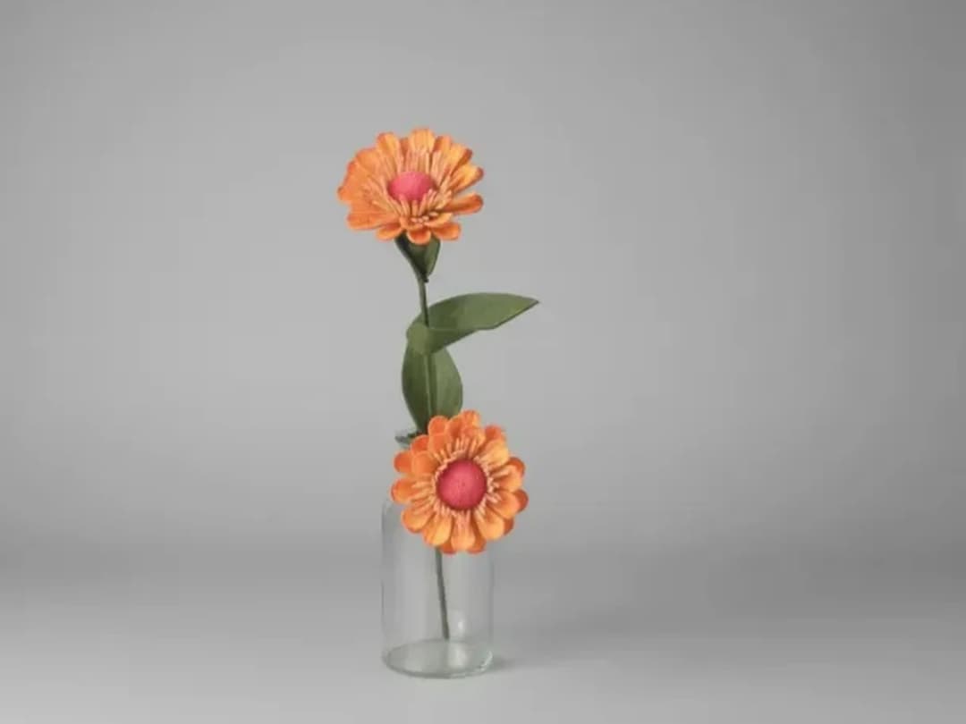 Zinnia with Stem and Leaves Made of Felt