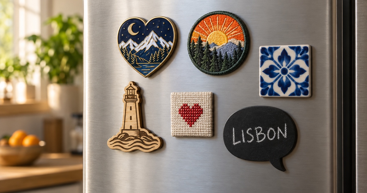 Custom travel souvenir magnets in different craft materials on a fridge door