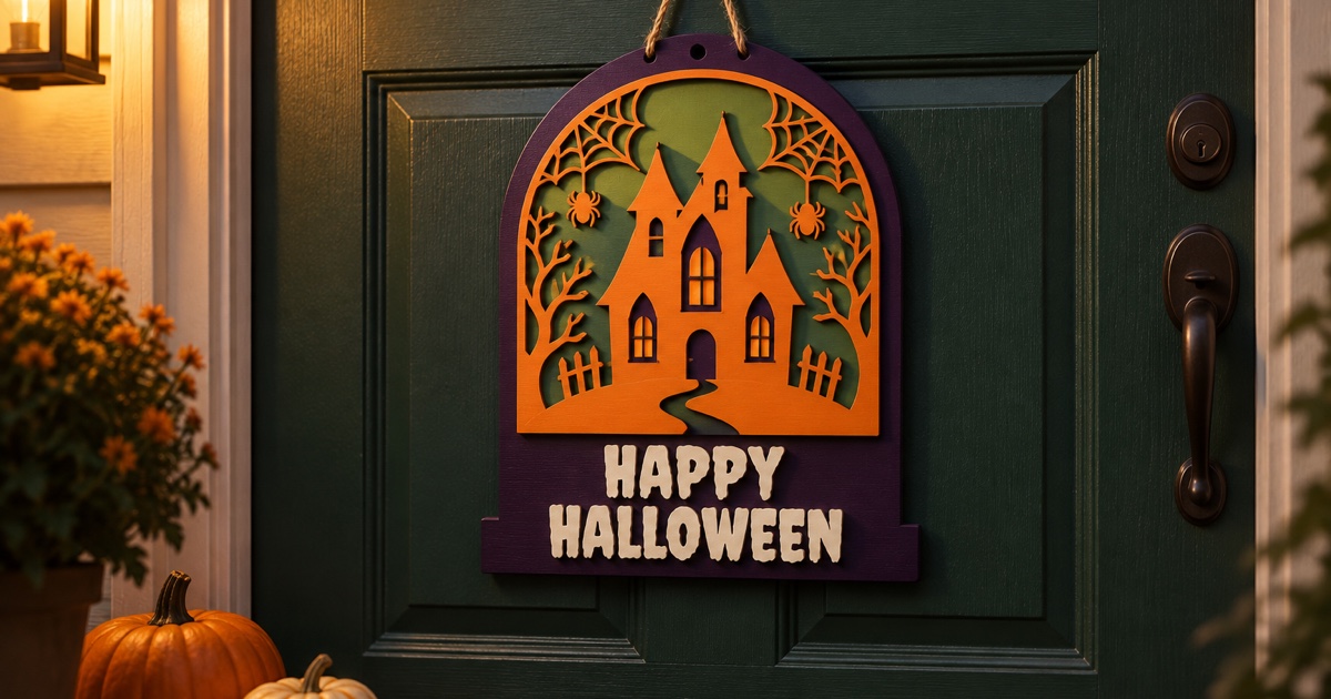 A layered Halloween door sign hanging on a front door