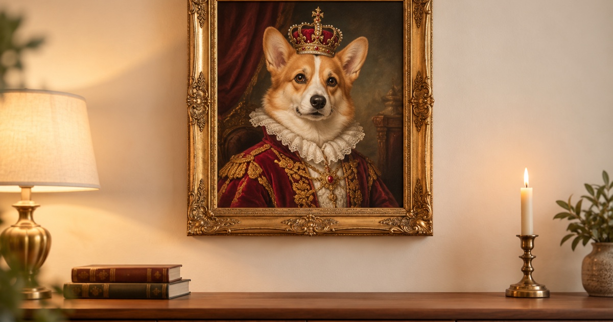 A framed royal-style pet portrait hanging on a wall