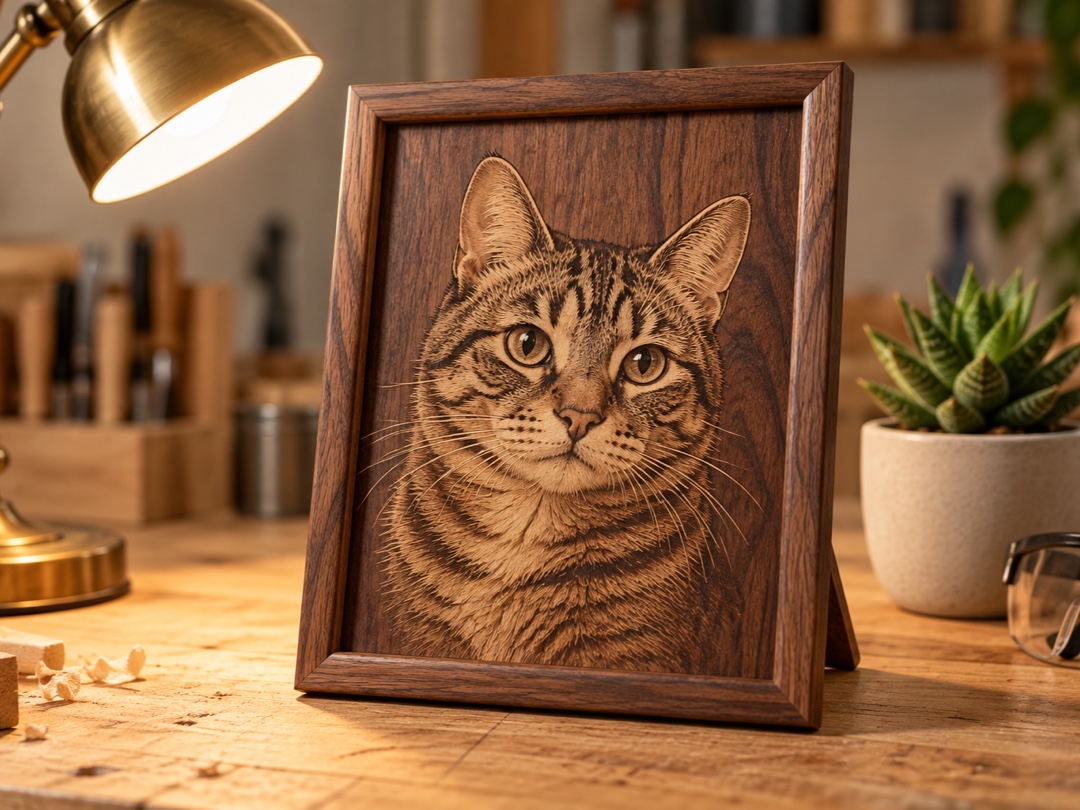 A pet portrait laser-engraved into a dark wood plaque