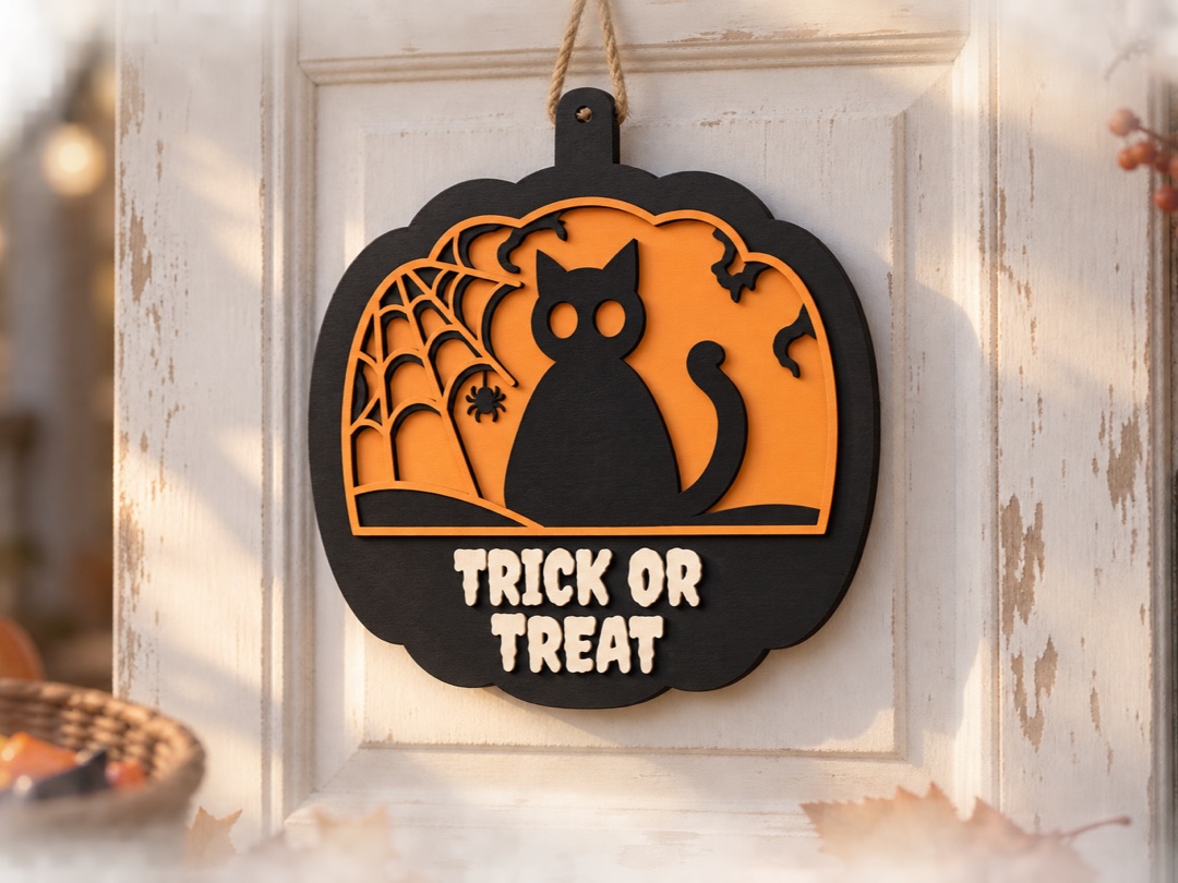 Pumpkin-shaped layered door sign with a black cat