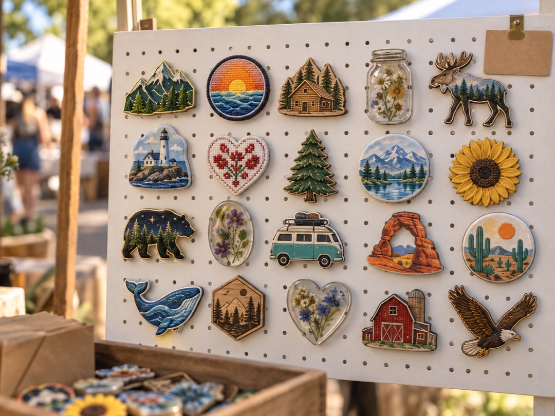 A market rack of souvenir magnets for sale