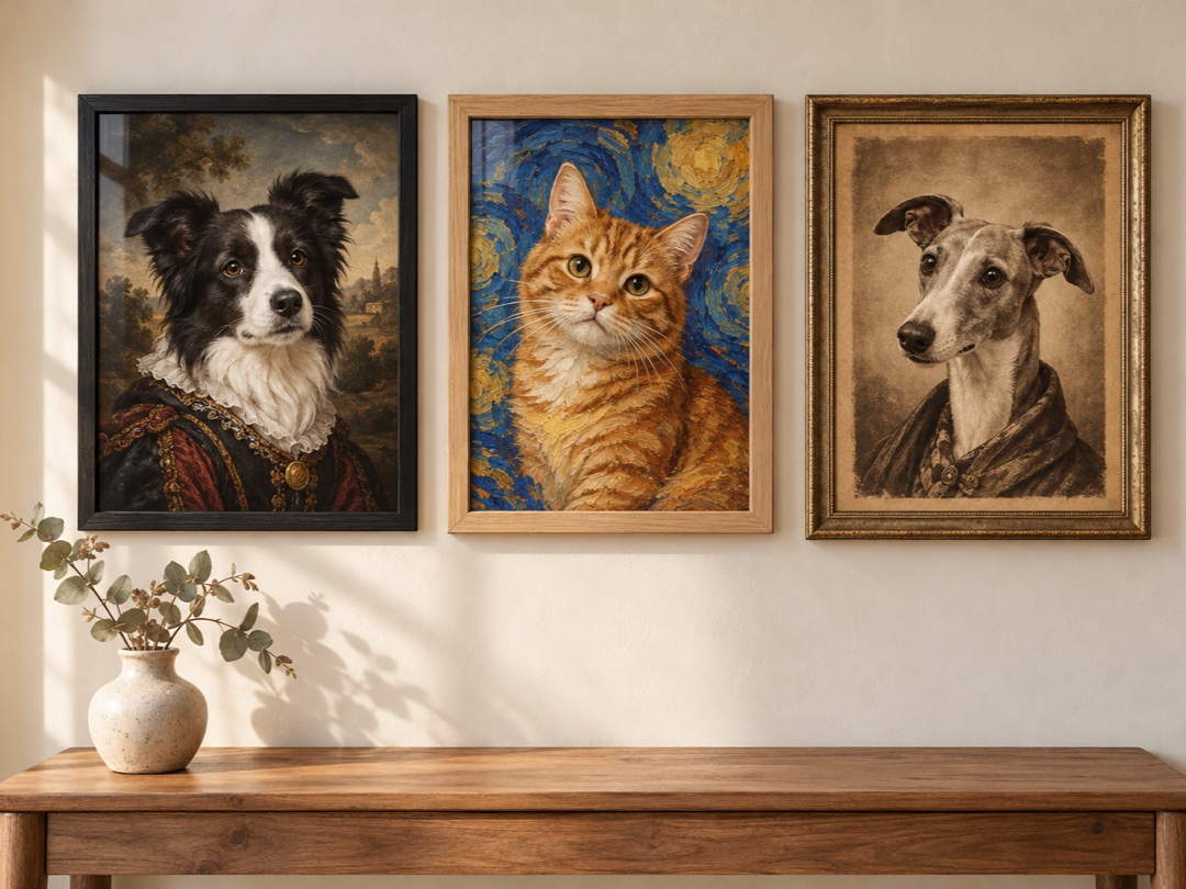 A phone photo beside the finished framed pet portrait