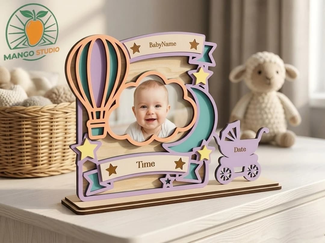 Baby Birth Stats Photo Frame - Hot Air Balloon & Stroller