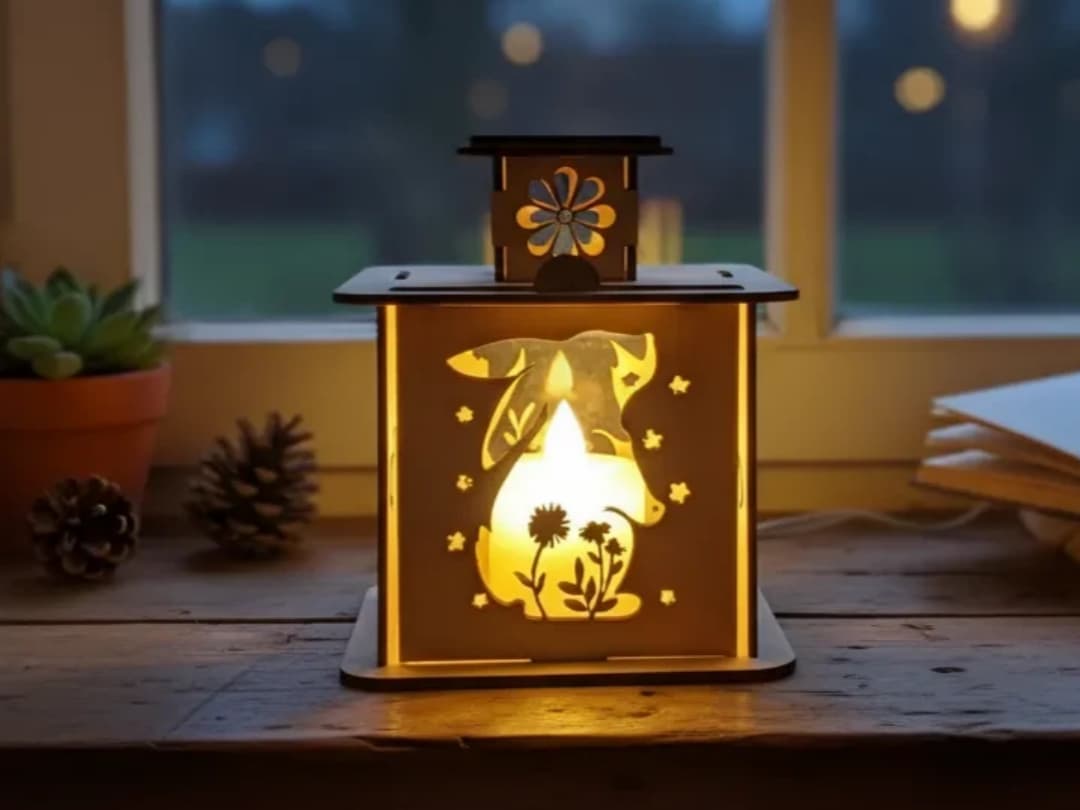 Easter Bunny and Floral Scene - Wood 4 Sided Lantern