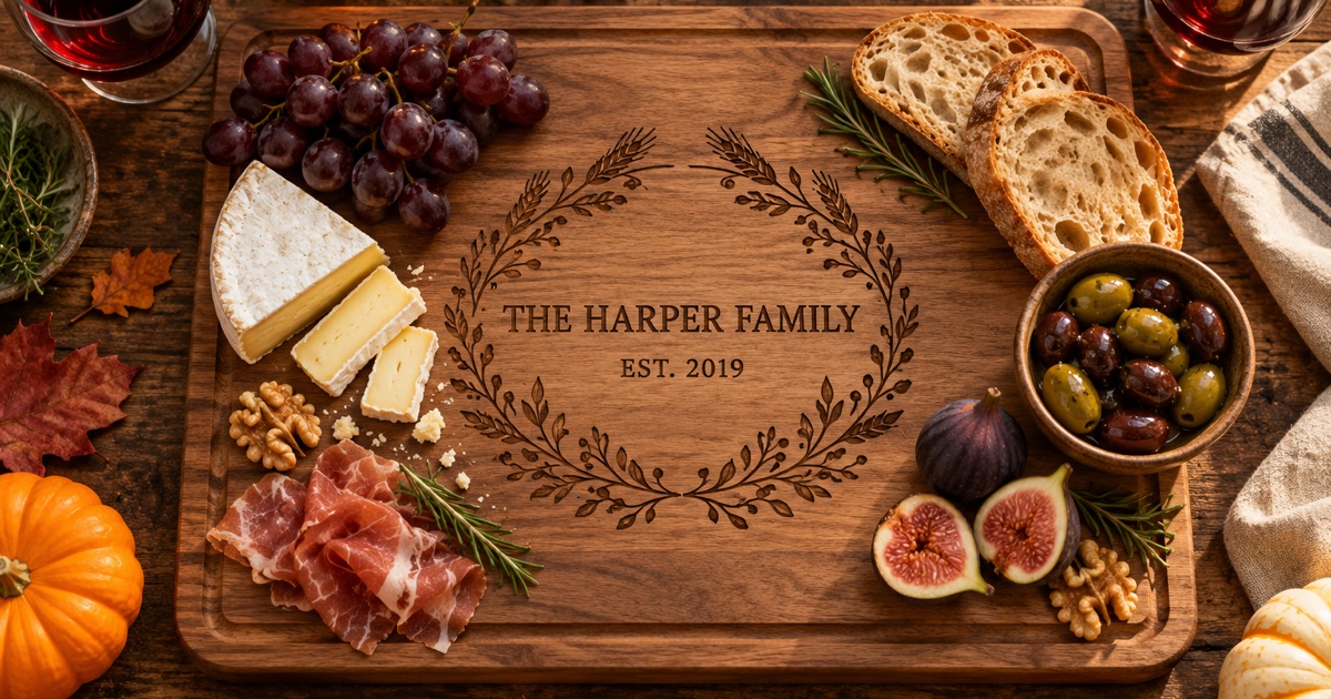 An engraved wooden serving board laid out on an autumn table