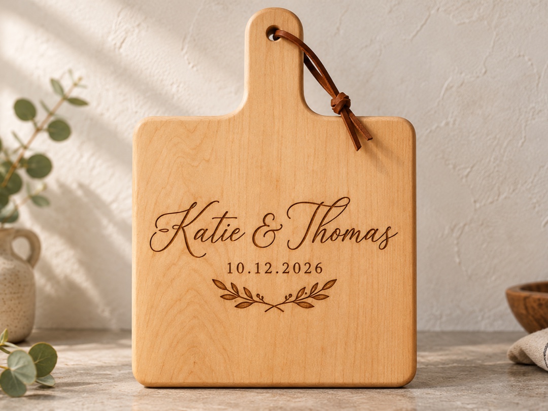A maple paddle board engraved with cursive names and a date