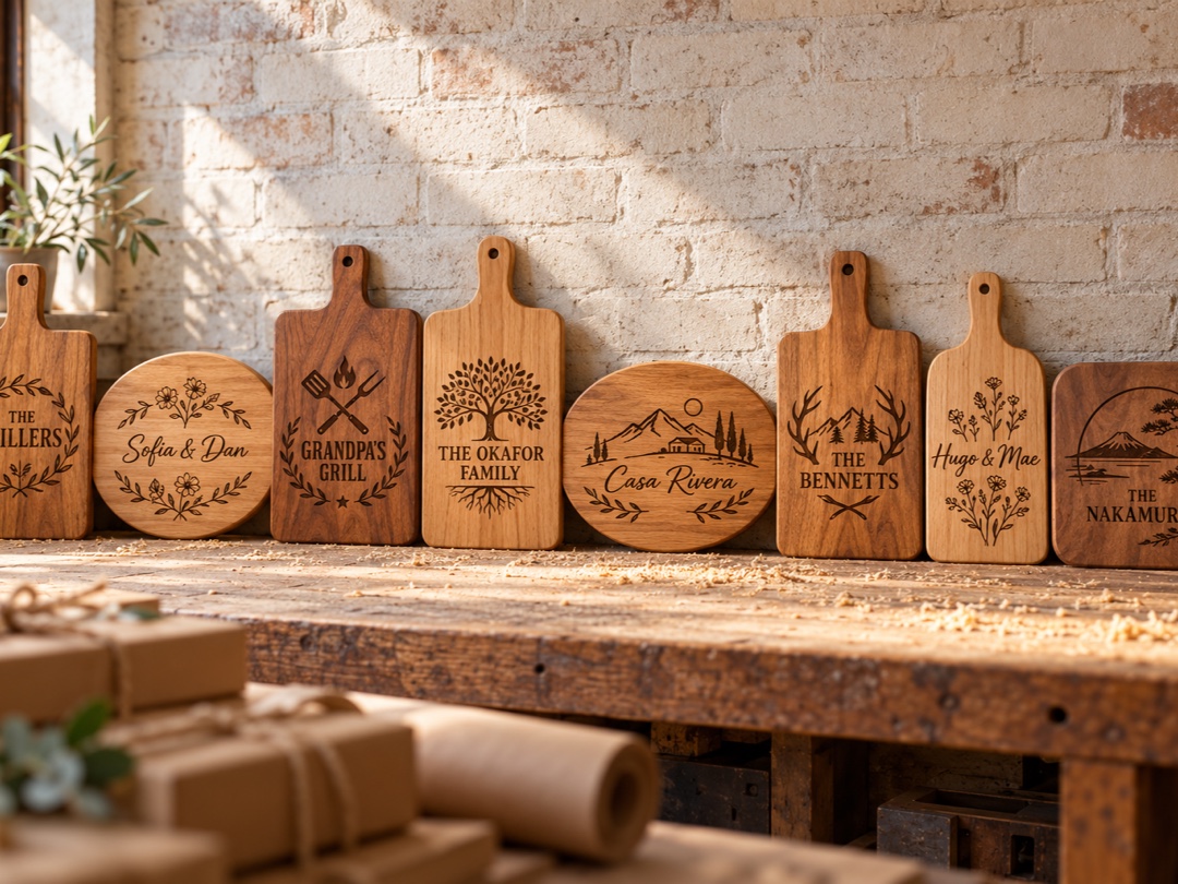 A row of finished engraved boards with different family names