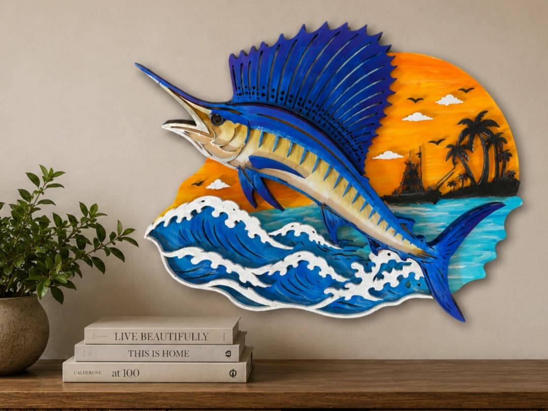 Sailfish Jumping Over Ocean Waves Tropical Sunset Wall Art For Dad