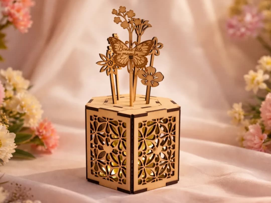 Hexagonal Decorative Lantern Vase with Wooden Flowers