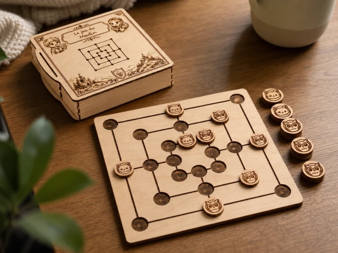 Traditional Board Game with Wooden Pawns and Box