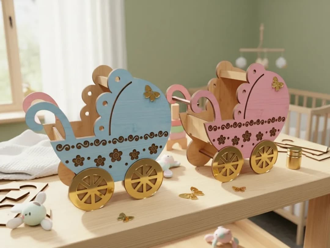 Blue and Pink Wooden Baby Carriage Keepsake Boxes
