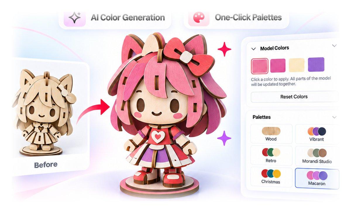 3Dmake AI color generation and one-click palettes applied to a wooden model
