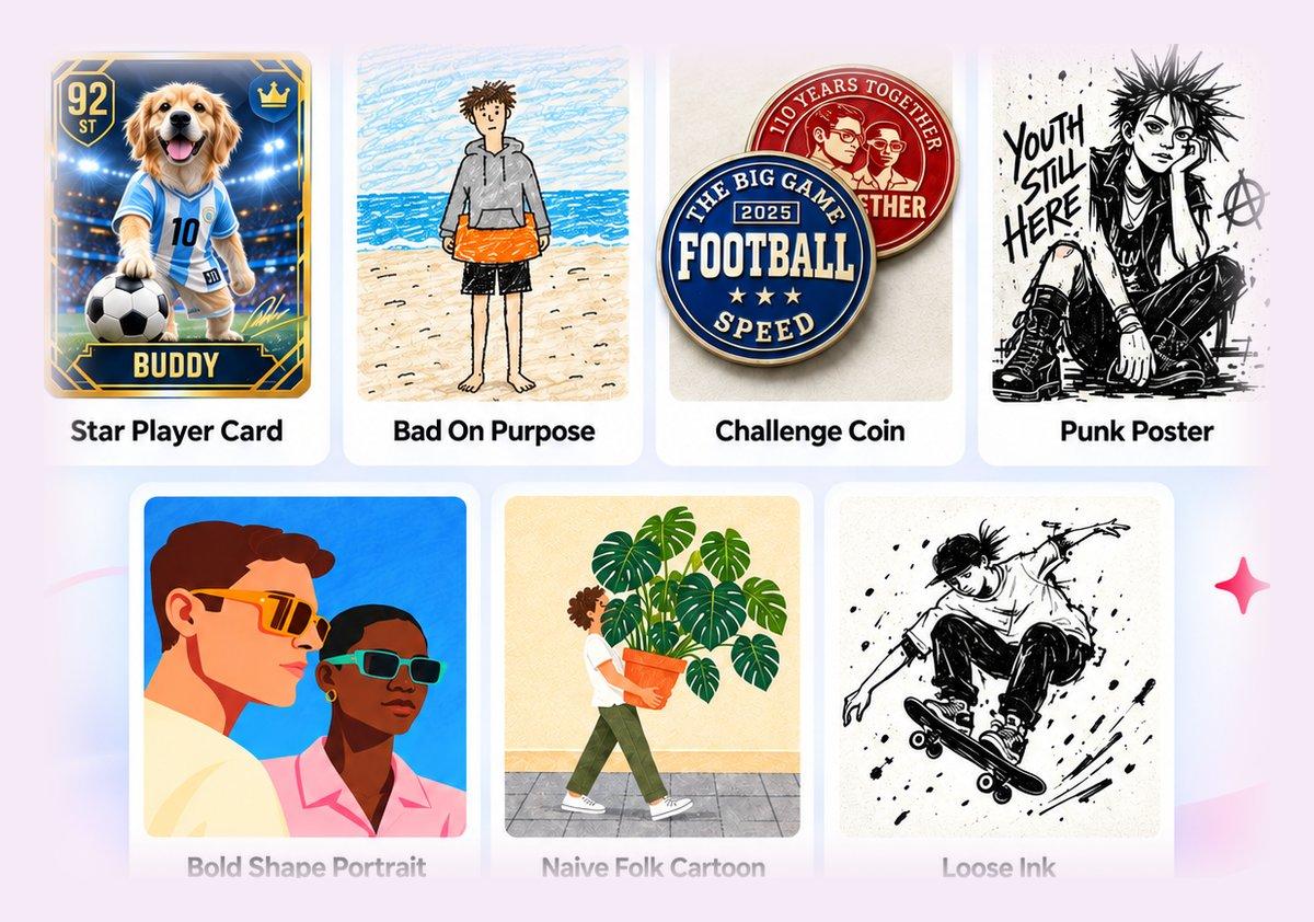 Seven new Atomm AI styles: Star Player Card, Bad On Purpose, Challenge Coin, Punk Poster, Bold Shape Portrait, Naive Folk Cartoon and Loose Ink