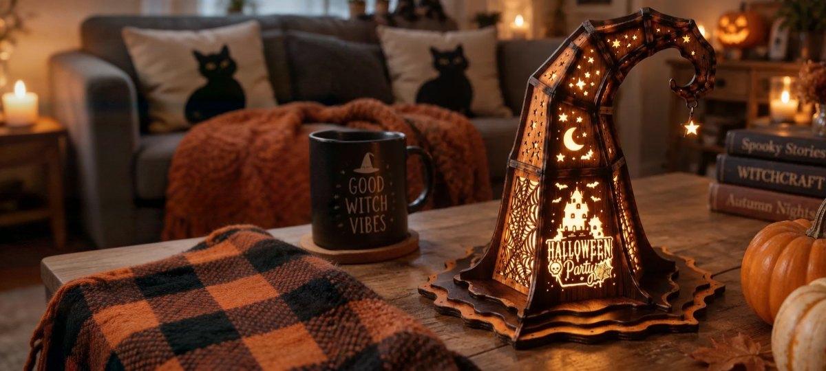 Laser-cut witch hat table lamp glowing on a table with pumpkins