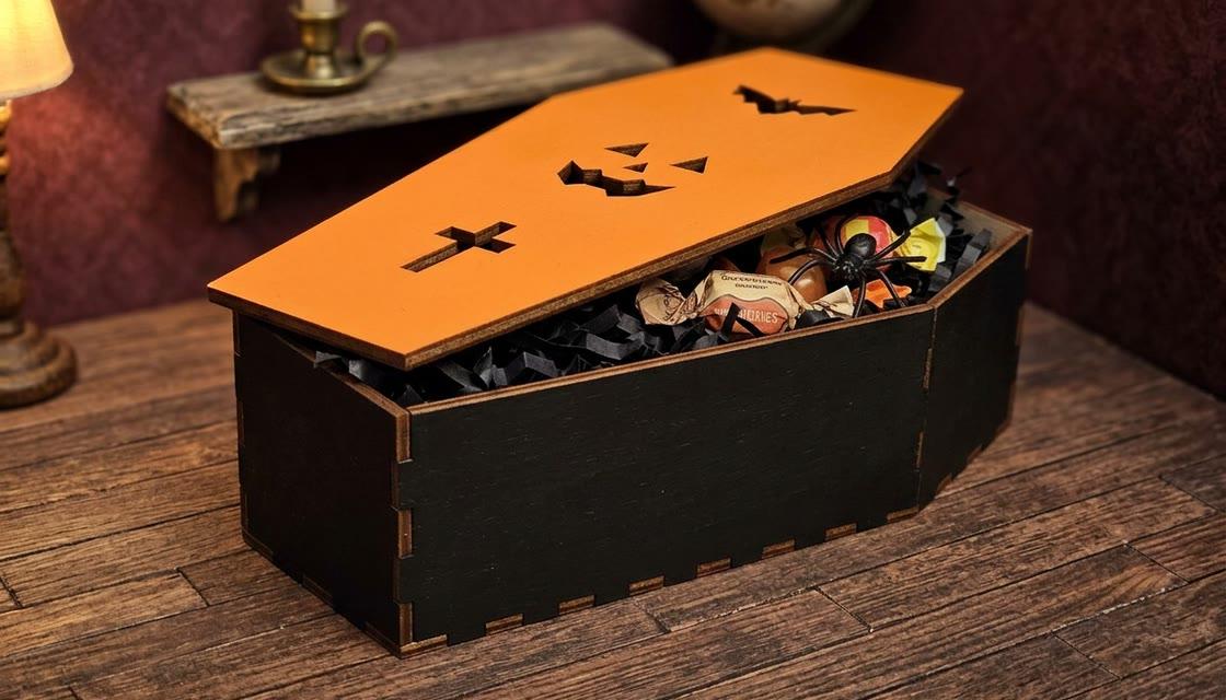 Halloween Coffin Box template, cut from wood and painted orange and black